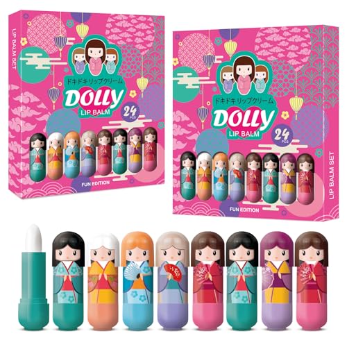 Kids Lip Balm Set – 48 Lip Balms in Adorable Kimono Doll-Inspired Cases, 6 Scents (Apple, Banana, Bubble Gum, Orange, Strawberry, Vanilla) x 2.5 gr in a Beautifully Designed Box
