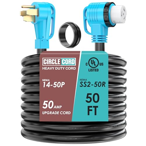 CircleCord UL Listed 50 Amp 50 Feet RV/Generator Cord with Locking Connector Heavy Duty 6/3+8/1 Gauge STW Wire 14-50P Male and SS2-50R Twist Locking Female for RV Camper and Generator to House