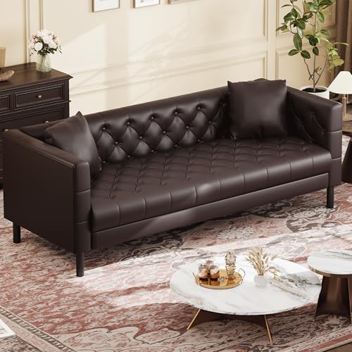 GAOMON 81" Leather Couch, Handmade Button Tufted 3 Seater Sofa, Chesterfield Sofa with Deep Seat and 2 Pillows, Leather Sofa for Living Room Apartment, Office, Dark Brown - Image 5