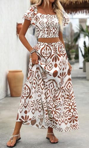 Summer Boho Dress for Women Beach Vacation,2 Pieces Casual Ruffle Smocked Crop Tops and Flowy Maxi Skirts Set3