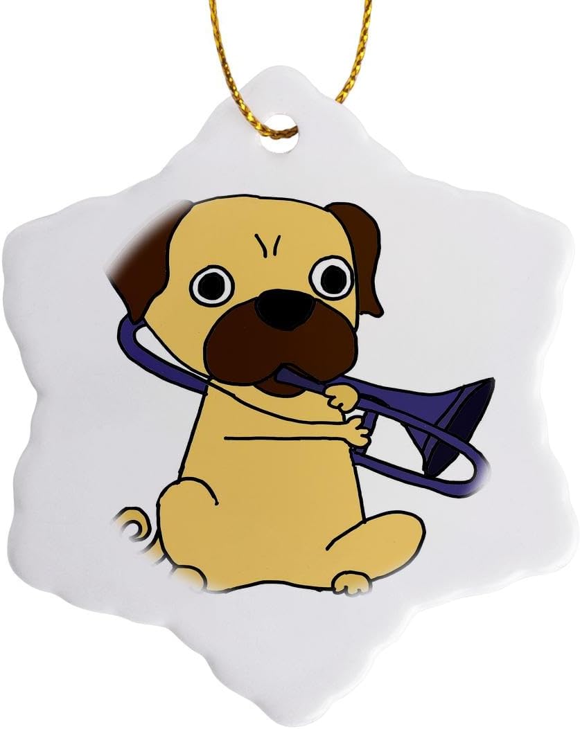 3dRose 面白いクールなパグ トロンボーン カートゥーン 犬愛好家 スノーフレークオーナメント 3インチ