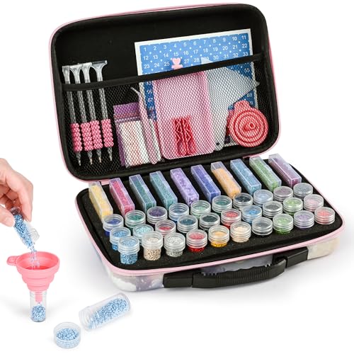 Image of MERATIA Diamond Painting Storage Case Organizer, 40 Slots with Accessories | Starlit Mist hard-shell case with 10 flip-top boxes, 30 screw-top jars, foam insert, mesh pocket and tools.