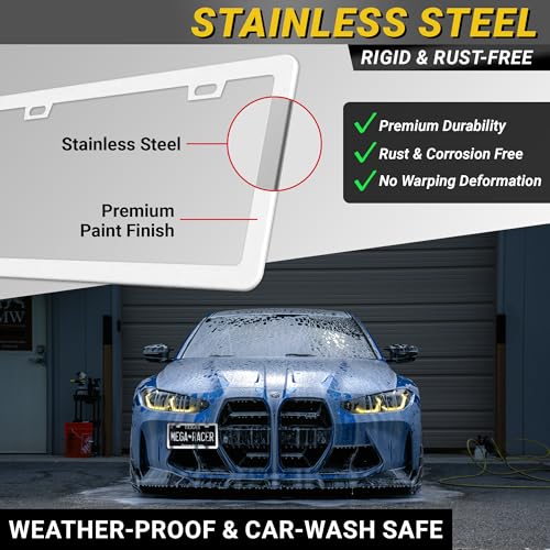 Image of Premium Slim White License Plate Frames - 2 Pack, Rust-Free Stainless Steel, Street Legal & Rattle-Free, Universal Fit with Screw Caps, Sleek Thin Metal Front & Rear Car Tag Holders for Men & Women