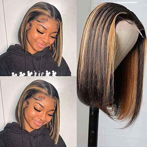 haha Brown Bob Highlight Wig Human Hair Ombre Lace Front Wig 4x4 Closure Bob Wig Straight Short Bob Wig For Women Black Honey Blonde 12 Inch 180% Density Glueless Pre Plucked