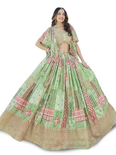 Image of Women's Digital Print With Zari Dori Embroidery Work Chinnon Silk Lehenga Choli With Dupatta (Women-Lehenga-Choli-New; Free size)