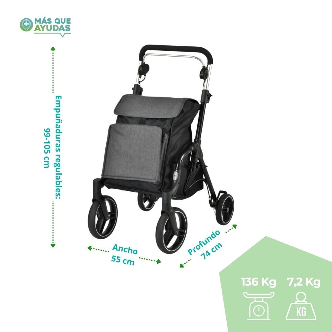 Urban Rollator de aluminio Basket XL, para Ancianos Rollator, Ajustable de 99 a 105 cm, 4 Ruedas, perfecto para hacer la compra, producto sanitario, con sistema de frenado.