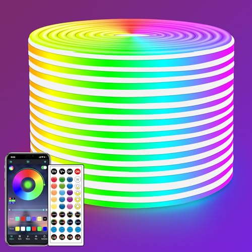 Image of LED Neon Rope Lights 50FT,IP65 Waterproof LED Strip Lights,Music Sync LED Lights with Remote and APP Control, 24V RGB LED Rope Lights for Bedroom,Holiday Decoration(with Snap &Screws) | Music Sync LED Lights with Remote and APP Control, RGB LED Rope Lights for Bedroom,Holiday Decoration(with Snap &Screws)