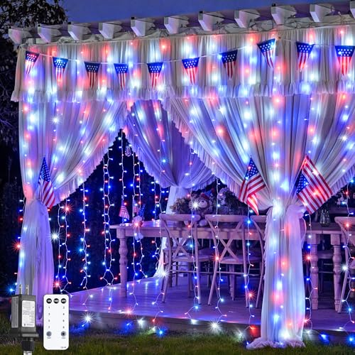 Image of JMEXSUSS 300LED Red White & Blue Curtain Lights for 4th of July, 9.8x9.8ft | Plug in, with Remote, Patriots Hanging String Lights for Bedroom, Wall, Window, Backdrop, Patio, Porch, Indoor, Outdoor Decor