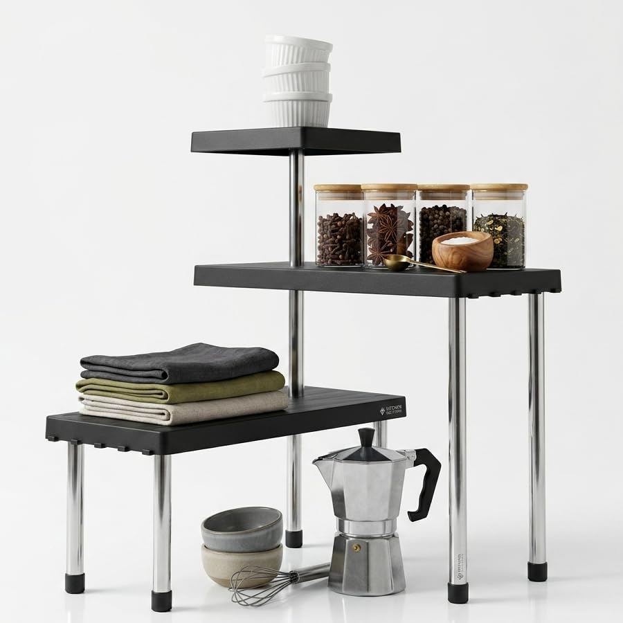 Image of U-Max 3-Tier Multipurpose Corner Kitchen Rack, 3 tier kitchen shelf, Space Saving Countertop Shelf Organizer for Spice Jars, Containers, Cups & Cooking Essentials (Black)