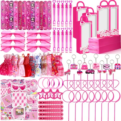 CHOOHC 152pcs Pink Party Favors for People Birthday Party Favors Kit Keychain Bracelet Bubble Stickers Straws Heart Sunglasses Little Skirt Hot Pink Princess Birthday Party Supplies