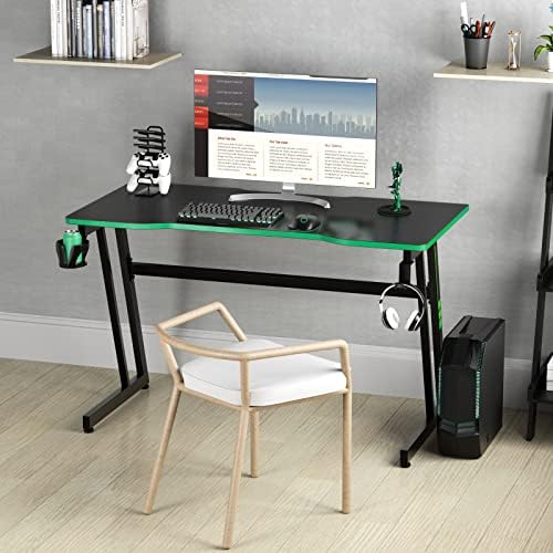 CASART Z-Shaped Computer Desk, 120cm Gaming Table Laptop Desk with Headphone Hook, Cup Holder & Gaming Handle Rack, Home Office Writing Desk Computer Workstation (Green + Black)