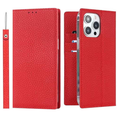 Coque iPhone 13 Pro Max rouge étui portefeuille cuir RFID