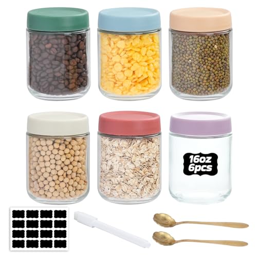 Overnight Oats - Juego de 6 tarros con tapa de rosca, 500 ml, a prueba de fugas, recipientes apilables de cristal para ensaladas, yogur, cereales, aperitivos, como frasco de masón con tapa y cuchara