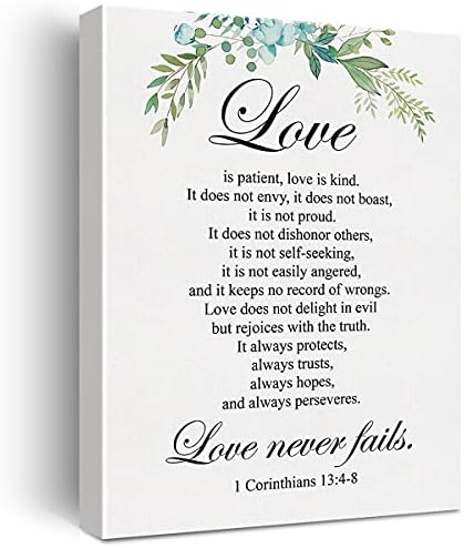 Christian Canvas Wall Art Love is Patient Love is Kind 1 Corinthians 13:4-8 Canvas Print Positive Scripture Canvas Painting Home Bedroom Wall Decor Framed Wedding Gift 12x15 Inch
