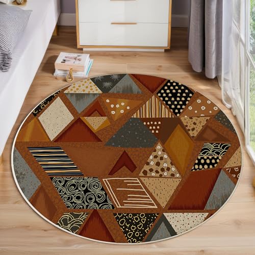 Tapis rond motif triangle brun rouille lavable pour décoration de chambre