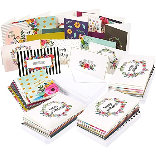 144-Pack Birthday Cards Assortment with Envelopes, 18 Unique Designs Value Pack, Blank Inside, for Workplace Employees Men Women Parent