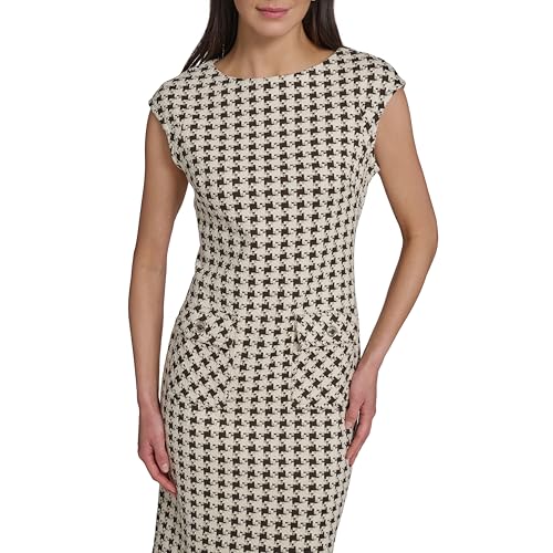 Image of Tommy Hilfiger Women's Cap Sleeve Crew Neck Two Hip Pockets Pixelated Houndstooth Sheath Dress