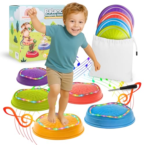 DREAMSCAPE KIDS Glow-in-The-Dark Musical Balance Stepping Stones, 5 pcs, Non-Slip Sensory Toy with Lights & Music, Indoor/Outdoor Montessori Obstacle Course for Toddlers & Kids 3+