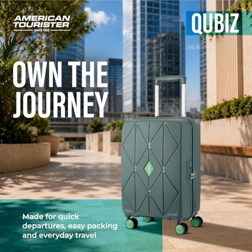 Image of American Tourister Qubiz | Cabin Trolley Bag (55 cm) | 360 8 Wheel Travel Luggage | Hard Case Polypropylene Suitcase | Recessed Combination Lock | Green