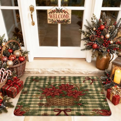 Poinsettia Basket Buffalo Plaid Christmas Welcome Door Mat 29x17 Inch