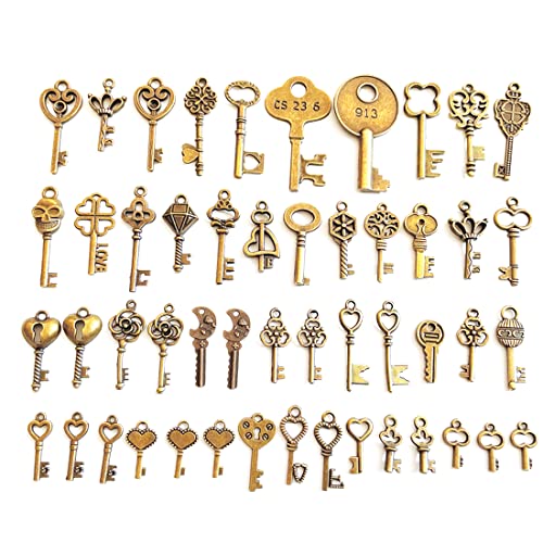 WJIAEER Paquete de 50 Adornos de Llave Vintage, Colgante de Collar de Llave de Bronce, Colgante de Collar de decoración de Boda DIY Vintage de Llavero