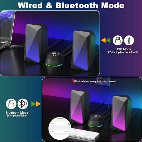 SOULION C30 Bluetooth PC Speakers for Desktop Computer, Monitor, Laptop, Gaming, 3.5mm Aux input, USB Powered, Colourful LED Lighting, Stereo 2.0, 1 Pair - Image 4