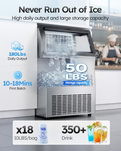 Image of Mojgar Commercial Ice Maker 180lbs /24H with 50lbs Ice Storage 2 Water Inlet