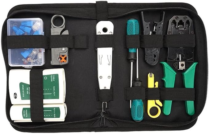 SQUADO Set di Attrezzi per Riparazione di Rete Professionale, Tester per Cavi di Rete, Cavi Patch, Tester per Computer, RJ11 RJ45, Borsa Porta Attrezzi Nera