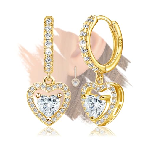 Sterling Silver Gold Heart Earrings for Women - Classic Love Heart-Shaped Hoop Earrings with Dangle Hypoallergenic Lightweight Cubic Zirconia Fashion Gifts for Wife Mother