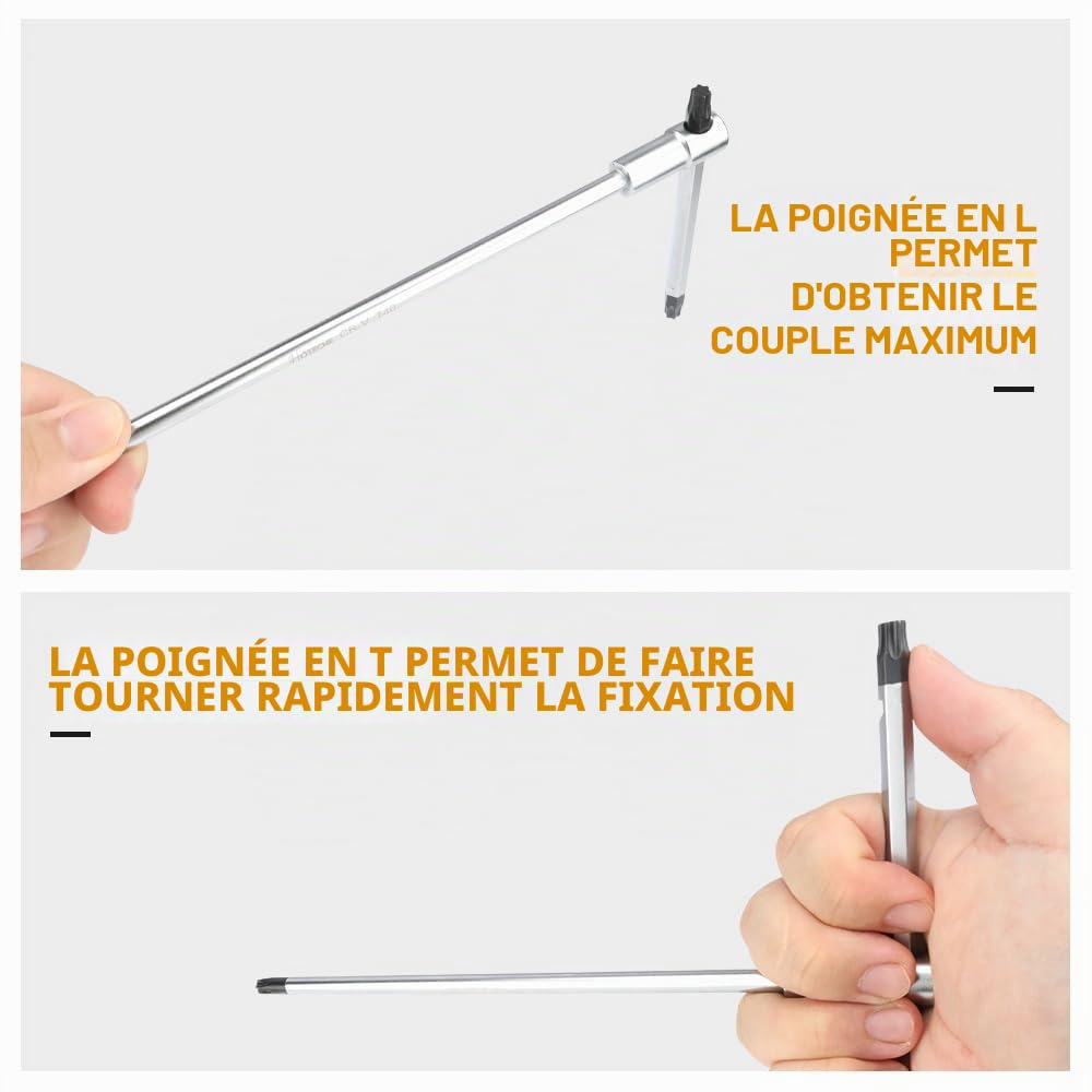 Hoteche Jeu de 9 clés Torx T8-T40 | CRV chrome vanadium | Chromé mat avec poignée en T