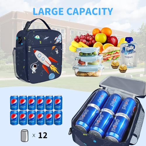 Clastyle Space Insulated Lunch Bag Star Large Thermal Cooler Bag for Kids Picnic Lunch Box Tote Rocket, 9.1x10.2x4.3 inches - Image 3