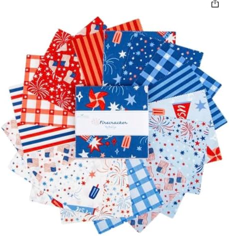 Riley Blake Firecracker 5" Stacker by My Mind's Eye | 42 Precut 5-Inch Fabric Quilt Squares | Patriotic Red White & Blue Americana Fabric | Stars, Stripes, Fireworks | Cut in House