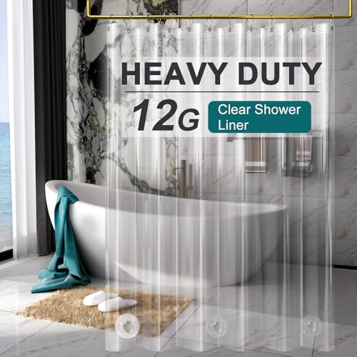 Image of AmazerBath Heavy Duty Shower Curtain Liner 12 Gauge, 72 x 84 Inches Clear Shower Curtain Liner with 3 Clear Stones and 12 Grommet Holes, Weighted Plastic Shower Liner