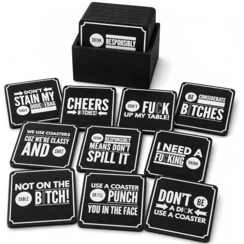 Summit One Funny Coasters for Drinks, Set of 10 (4 x 4 Inch, 5mm Thick) - Bar Accessories for the Home Bar Set, Absorbent Felt Drink Coasters - Man Cave Accessories