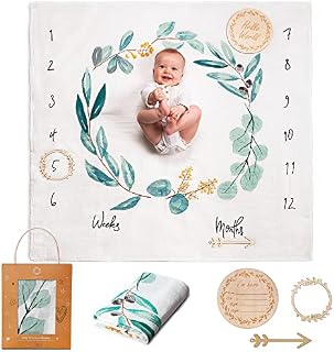 Baby Milestone Blanket | Cotton Muslin Swaddle Blanket | Monthly Photo Mat for Newborn Boy or Girl, Unisex | Leaves | Personalised Baby Shower Present for New Mums | Age Mat | Includes Wooden Frames