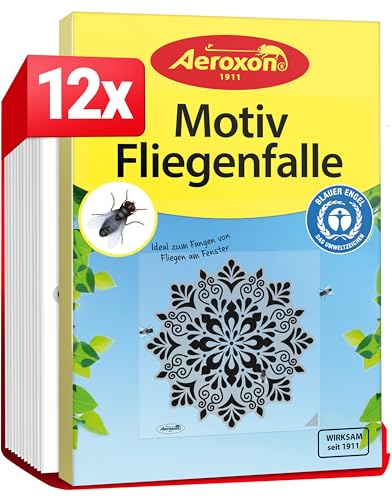 Aeroxon Fliegenköder für Fenster - 3x4 Stück Motiv Fliegenfänger Klebestreifen Effektive Fliegenfalle Innenbereich