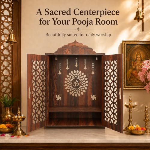Image of The Castle Decor Wooden Mandir for Home, Premium MDF Home Temple with Double Doors for Pooja Room, Wall Hanging & Tabletop Temple, Matte Finish, 16.5 x 24.5 x 10.5 Inch (Design 6)