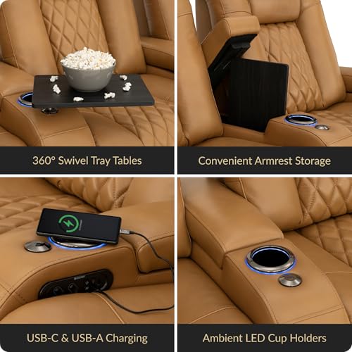 Image of Seatcraft Diamante Tan Oak Italian Leather Home Theater Seating, Zero Gravity Power Recliner Gaming and Home Office Chair, Powered Headrest Lounge Sofa Furniture for Cinema Room, Row of 3