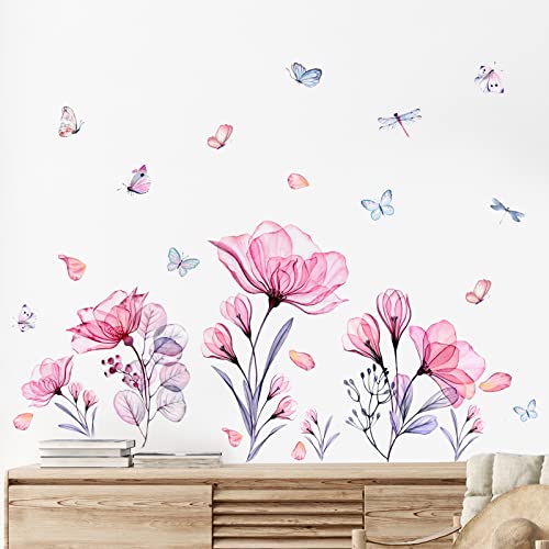 Prabahdak Pink Flowers Wall Decals Removable Butterflies Floral Floral Wall Stickers Diy Vinyl Self Adhesive Wall Mural For Nursery Tv Background Kids Gilrs Rooms Bedroom Decoration #TOP3