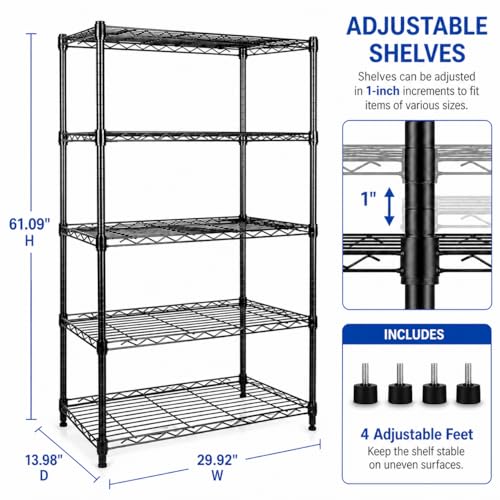 Image of Simple Deluxe 5-Tier Heavy Duty Storage Shelving Unit, 1250 Lbs Loading Capacity, 29.92 inch W x 13.98 inch D x 61.02 inch H, Black