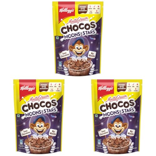 Image of Kellogg's Multigrain Chocos Moons & Stars 375g /360g / 414g | High in Calcium & Protein, 10 Essential Vitamins & Minerals, Source of Fibre | Breakfast Cereal for Kids (Pack of 3)