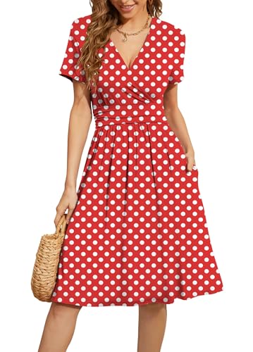 WEACZZY Damen Sommer Kurzarm Freizeitkleider V-Ausschnitt Floral Partykleid mit Taschen, Weiß mit roten Punkten, X-Groß