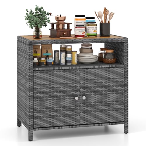 GYMAX Armario de Jardín de Ratán, Aparador con Encimera de Madera de Acacia, 2 Puertas y Estante Abierto, Mueble Exterior Almacenaje para Herramientas de Jardín, 90 x 53 x 86 cm (Gris)