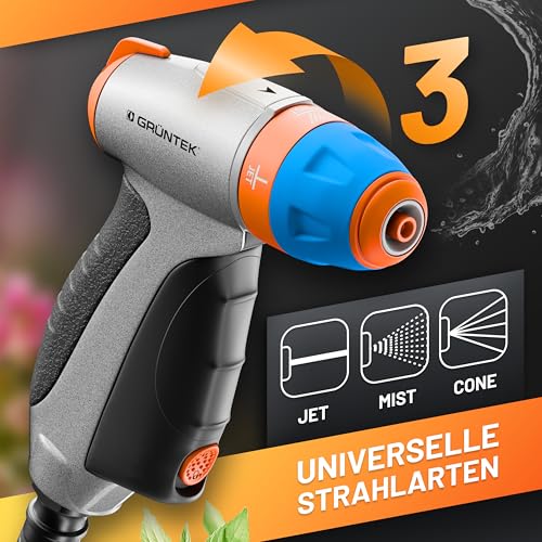GRÜNTEK spuitpistool met 3 sproeiers - handsproeier voor het besproeien van bloemen, heggen, struiken en gazons - Universeel kliksysteem - ideaal voor het wassen van auto's en tuinonderhoud