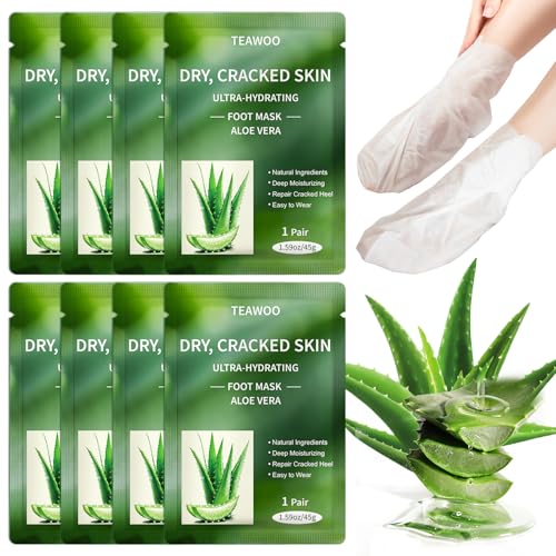 TEAWOO 8 Pairs Moisturizing Foot Masks with Aloe Vera Extract & Jojoba Oil Intensely Hydrating Foot Mask for Dry Cracked Feet Moisturizing Socks for Cracked Heel Treatment