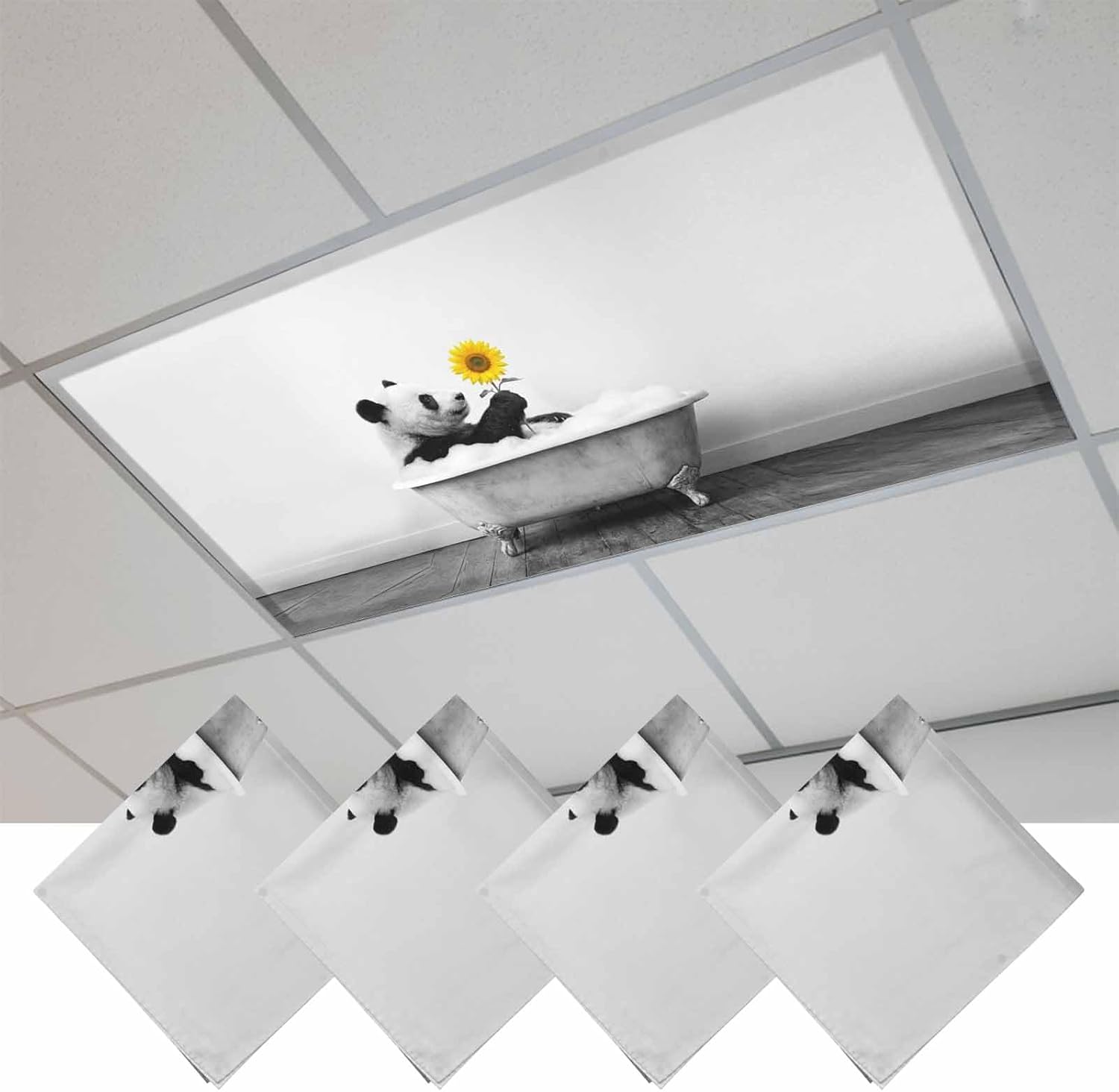 Funny Panda Fluorescent Light Covers for Ceiling Lights 4x2 feet,4 Pack Magnetic Light Filters for Classroom,Cute Art Vintage Lovely Animals on Bathtub Fluorescent Lamp Shade Panel for Office School
