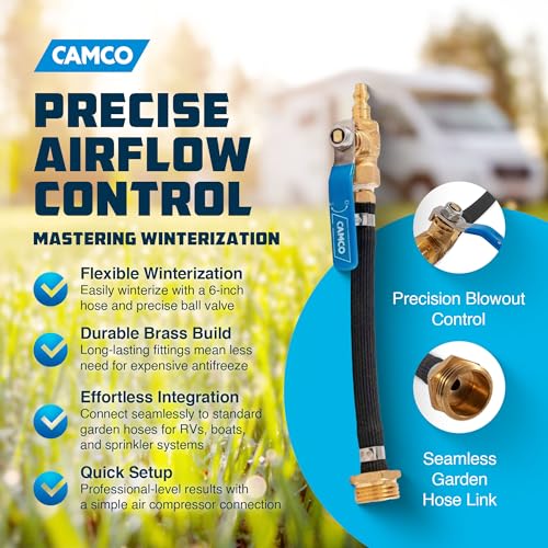 Image of Camco RV Winterization Fresh Water Blow Out Hose with Ball Valve - Easy to Use & Features Double Brass Build - Essential RV Winterizing Tool - for Use with an Air Compressor (36170)
