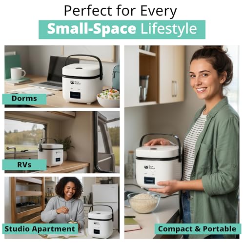 Image of Rice Robot Personal Rice Cooker, PFAS-free, Nonstick. 1 Quart Capacity, with Stainless Steel Steamer Tray, Measuring Cups, Recipe Book with 60 Recipes, and Serving Spoon, As Seen On TV