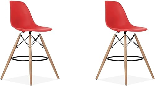 SMTE Plastic Modern Counter Stools with Backrest and Armless Natural Legs Wood - Red with keychain