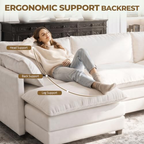 Image of 112 inch U-Shape Modular Sofa with 2 Ottomans, Deep Seat Cloud Convertible Sleeper, 2 Arm Pillows, Comfortable Upholstered Furniture for Living Room Apartment, Beige
